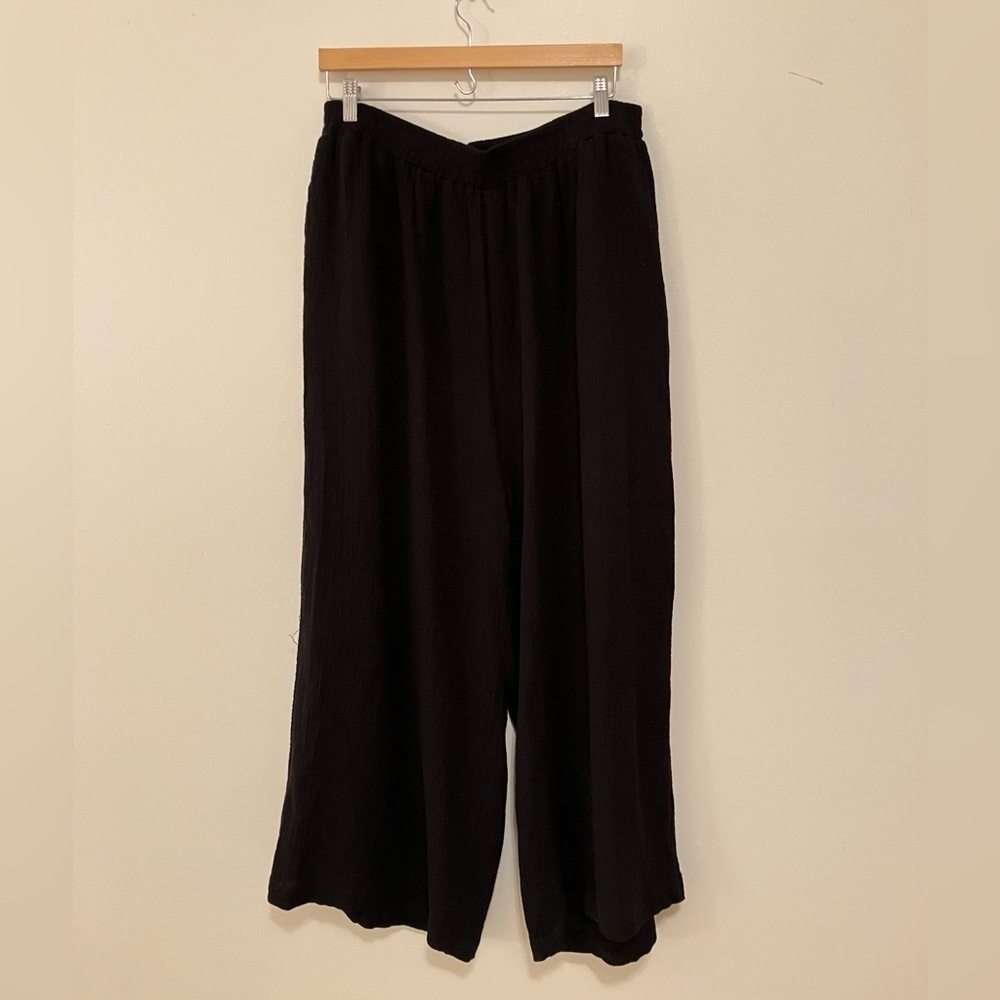 Women’s 4X Cotton Gauze Pull On Pants Black Wide Leg Crop Pockets Lagenlook READ